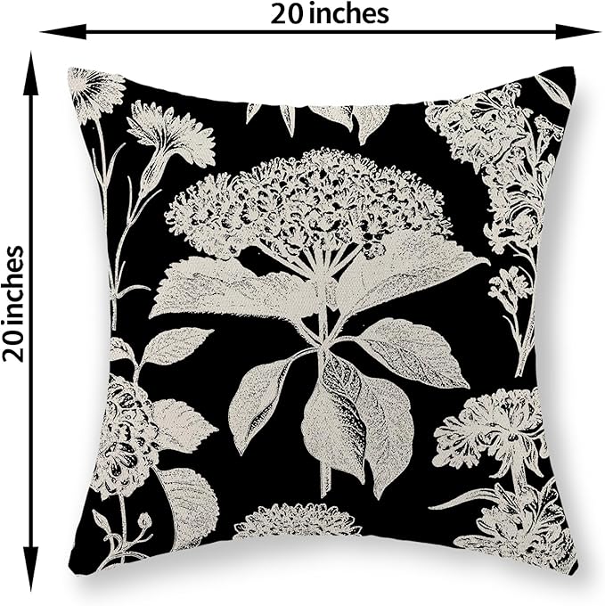 Black Pillow Covers 20x20 Inch Set of 2 Vintage Boho Floral Hydrangea Herbs Botanical Throw Pillows Outdoor Flower Decoration Pillowcase Linen Farmhouse Cushion Case Decorative for Couch Sofa