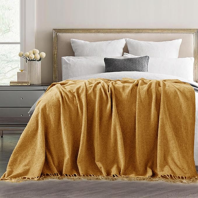 Chenille Throw Blanket for Couch with Tassels,60"X80" Soft Lightweight Knitted Boho Decorative Blankets for Bed and Sofa,Mustard Yellow
