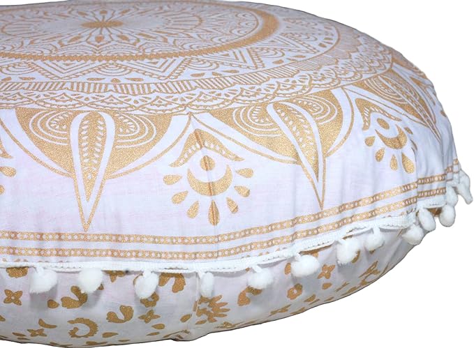 Round Mandala Floor Pillow Cover Seating Cushion Throw Cover Hippie Decorative Bohemian Ottoman Pouf Cover, Pom Pom Pillow Cases,Boho Indian 22 Inches (Gold trishol)