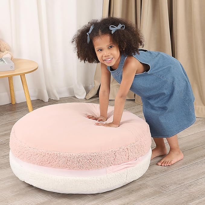 Macaron Bean Bag Chair for Kids and Teens, Medium Bean Bag Sofa with Memory Foam Filling, 27.5"×27.5"×13.5", Pink and White
