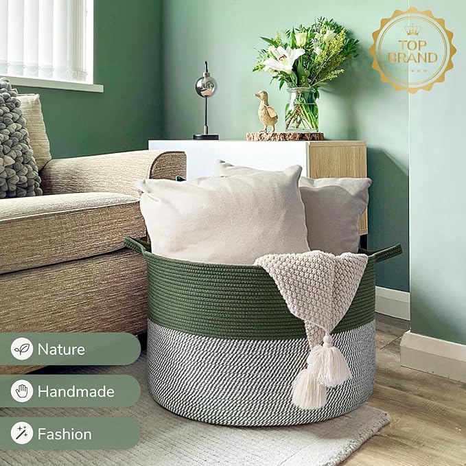 INDRESSME INDRSSME Large Laundry Storage Basket, 21.7 x13. 8 - Decorative Rope Blanket Basket for Organizing Bedroom, Living Room, Nursery, Toy Storage for Colthes Towel, Empty Gift Baskets -Green