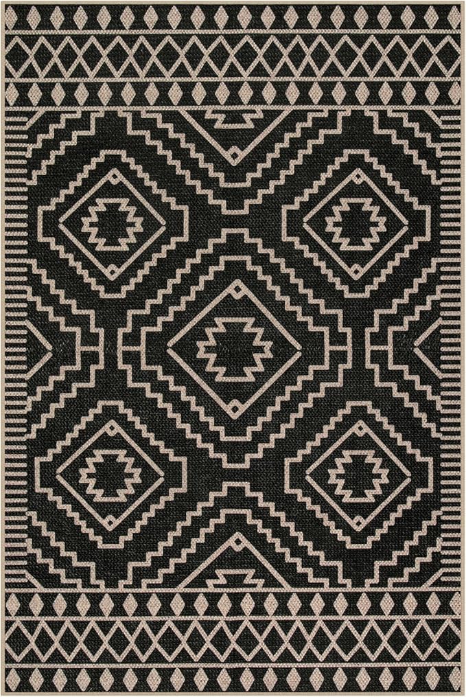 Lahome Bijou Moroccan Easy Jute 6x9 Rug for Living Room, Washable Indoor Outdoor Patio Rug, Farmhouse Dining Room Carpet Non Slip Contemporary Black Carpet for Backyard Deck Office Decor