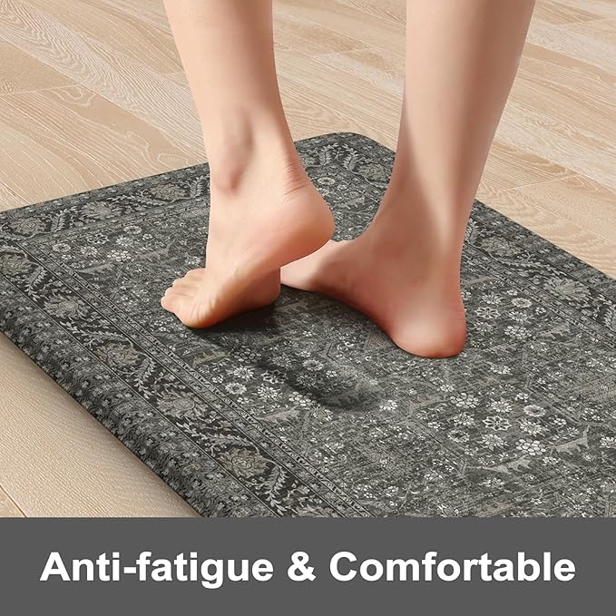 KIMODE Anti Fatigue Kitchen Mat, Cushioned Farmhouse Kitchen Runner, Non Slip Waterproof Kitchen Mat for Floor, Comfort Foam Standing Desk Mat for Laundry, Office, Sink Green/Grey 17.3"x59"