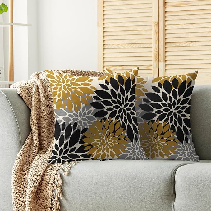 Black Mustard Yellow Pillow Covers 20X20 Inch Set of 2, Spring Summer Floral Dahlia Flower Cream Decorative Throw Pillow Covers Outdoor Modern Farmhouse Cushion Case for Home Couch Sofa Bed Decor