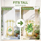 iDavosic.ly 2 Tier Metal Plant Stand Indoor Outdoor, Iron Corner Tall Flower Pot Holder Shelf, 27 Inch Vertical Heavy Duty Display Rack for Patio Porch Living Room Garden, Gold