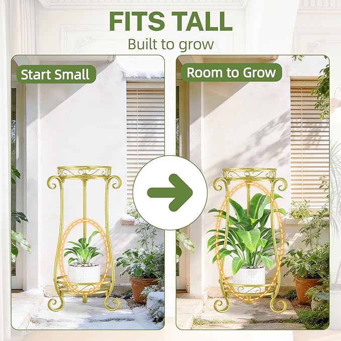 iDavosic.ly 2 Tier Metal Plant Stand Indoor Outdoor, Iron Corner Tall Flower Pot Holder Shelf, 27 Inch Vertical Heavy Duty Display Rack for Patio Porch Living Room Garden, Gold