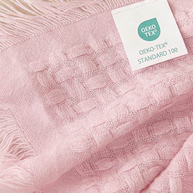 Exclusivo Mezcla Twin Size Knit Blanket with Fringes for Bed, Reversible Super Soft and Warm Woven Boho Throw for All Season, Home Decor, 60"x80", Light Pink