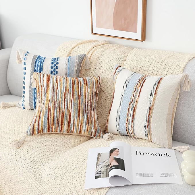decorUhome Boho Decorative Throw Pillow Covers 18x18 Set of 2, Striped Chenille Tufted Pillow Covers with Tassels for Couch Bed Sofa, Sky Blue