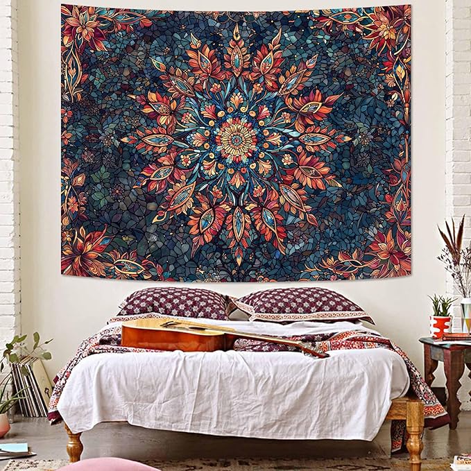 Accnicc Boho Floral Mandala Tapestry for Bedroom Hippie Bohemian Flower Wall Tapestry Aesthetic Large Stained Glass Red Blue Indian Tapestries Wall Hanging for Living Room Dorm Decor 80 x 60 Inch