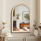 Arched Vanity Mirror for Wall, 30"x20" Boho Rustic Farmhouse Mirror with Beaded Wooden Frame, Decorative Wooden Mirror for Bathroom, Living Room, Entryway, or Bedroom