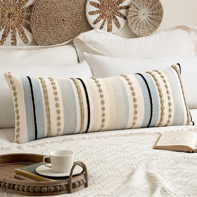 ANRODUO Pack of 1 Boho Decorative Throw Pillow Covers 14x36 Farmhouse Cushion Case Long Striped Chenille Pillow Cases Lumbar Pillow Covers Accent Neutral Pillow for Sofa Couch Bed, Light Blue Stripe