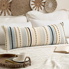 ANRODUO Pack of 1 Boho Decorative Throw Pillow Covers 14x36 Farmhouse Cushion Case Long Striped Chenille Pillow Cases Lumbar Pillow Covers Accent Neutral Pillow for Sofa Couch Bed, Light Blue Stripe