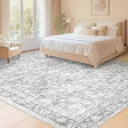 9x12 Area Rugs for Living Room: Washable Large Vintage Floral Rug Low Pile Non-Slip Boho Carpet for Bedroom Dining Home Office (Grey, 9'x12')