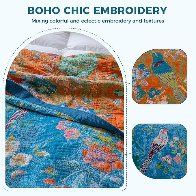 Boho Throw Blanket for Couch Sofa Chair Cotton Spring Blankets for Bedroom Living Room All Season Lightweight Reversible Floral Birds Embroidery Throws 50"x60"