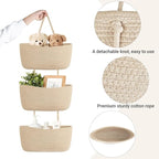 Dahey Over The Door Hanging Basket 3-Tier Woven Boho Wall Mounted Storage Organizer with Hooks for Bedroom Nursery Bathroom Apartments Dorm Pantry Decor, Jute