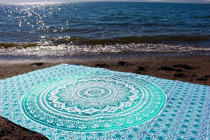 ANJANIYA Ombre Wall Hanging Bohemian Tapestry, Metallic Wall Art Bedspread, Psychedelic Hippie Mandala Dorm Décor for Hanging, Bedding, Beach Coverlet Curtain, Green, 54"X60"