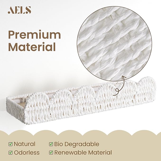 AELS Scalloped Nursery Bookshelf, Set of 3, Picture Ledge Shelf for Wall Decor, Woven Natural Fibre Floating Shelves for Books, Toys, Photo Frames, Nursery, Boho Modern Farmhouse Book Shelf, White