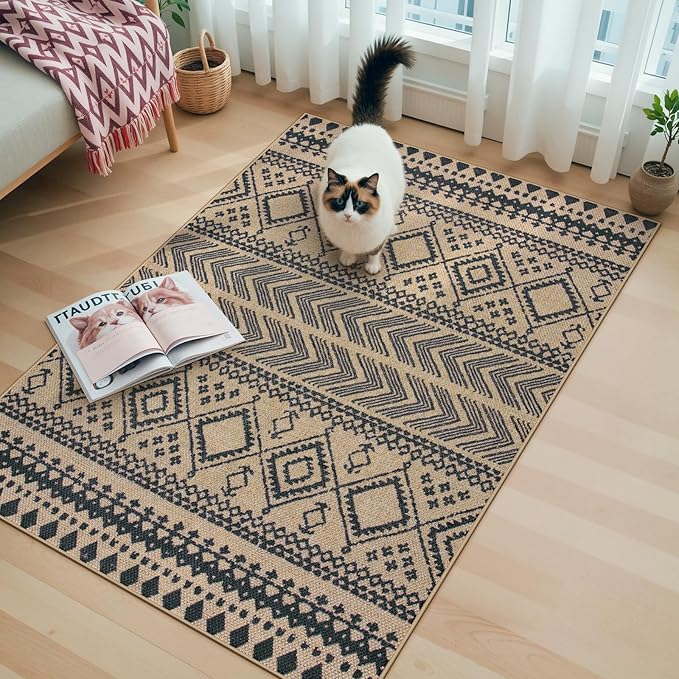 Lahome Easy Jute Boho Area Rugs for Entryway, 3x5 Washable Rug Non Slip Indoor Outdoor Carpet, Small Geometric Print Distressed Rugs, Low Pile Front Door Carpet for Porch Balcony