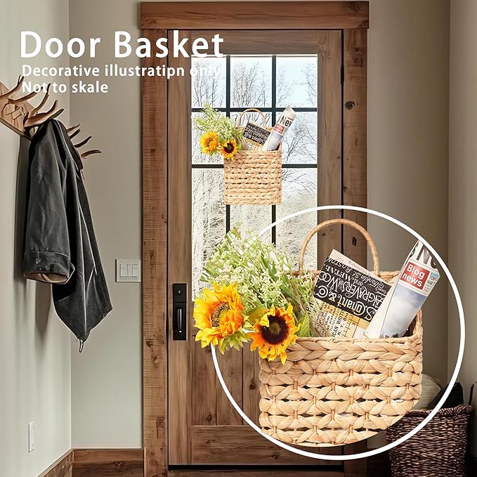 Hanging Basket Wall Planter - Water Hyacinth Woven, Outdoor Farmhouse Front Door Organizer for Plants Flowers Mail, Storage Decor, 11x9x4.5 Inch