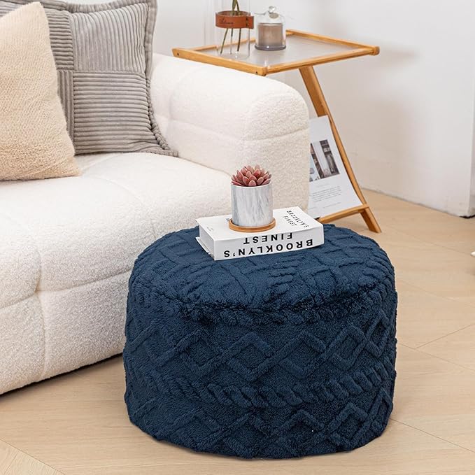 Round Pouf Ottoman Stuffed 20x12 Inches Floor Pouf Chair for Living Room Bedroom Modern Foam Pouf Ottoman Foot Rest for Couch Home Decor Pouffe Dark Blue