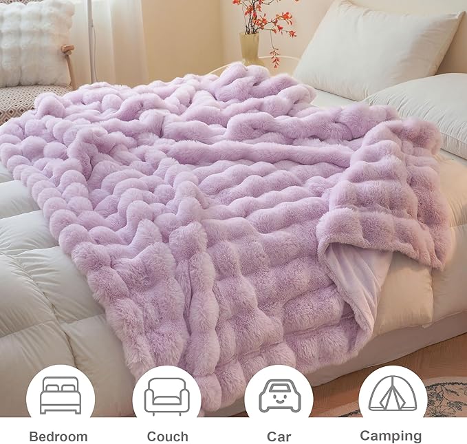 LIFEREVO Fluffy Faux Rabbit Fur Bubble Blanket, Plush Shaggy Throw for Couch Sofa, Cozy Furry Light Purple Bed Blanket Adult Kids Girls, Aesthetic Fuzzy Throw for Bedroom Living Room, 60x90, Lavender