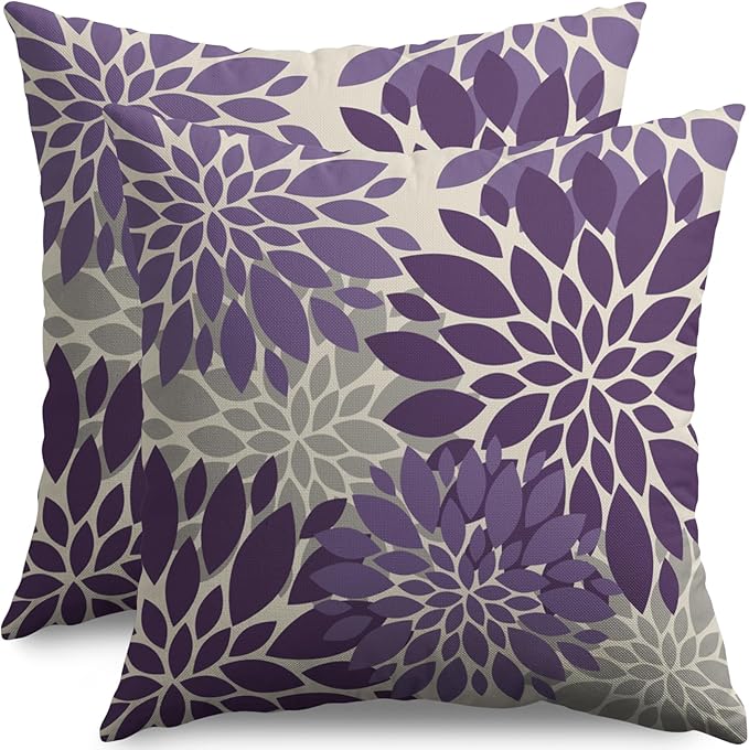 Purple Flower Pillow Covers 18X18 Inch Set of 2, Grey Gray Dahlia Floral Spring Summer Cream Decorative Throw Pillow Covers Outdoor Modern Farmhouse Cushion Case for Home Couch Sofa Bed Decor