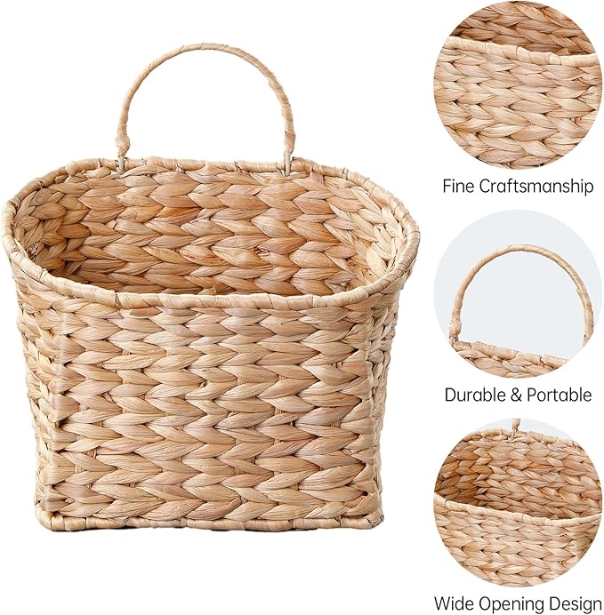 Wicker Hanging Basket,Woven Hanging Wall Basket for Organizing and Decor,Natural Water Hyacinth Wall Mounted Storage Baskets for Farmhouse Home,Door,Entryway,Flower,Mail,Plant,Set of 2