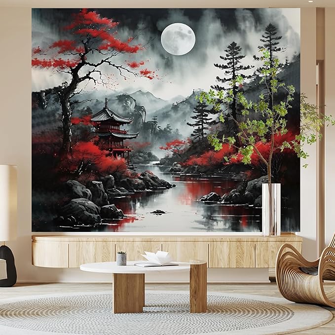Atrippy Extra Large Anime Wall Tapestry for Bedroom Aesthetic, Black Forest Japanese Moon Tapestry Wall Hanging, Vintage Nature Mountain Art Decor Tapestries Dark Landscape Backdrop for Living Room 71"X90"