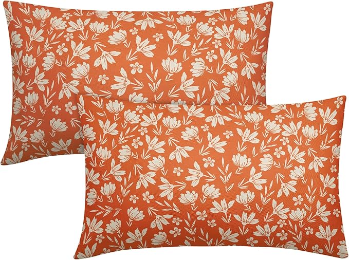 Orange Pillow Covers 12x20 Set of 2 Vintage Floral Rustic Old Style Cute Flower Print Rectangle Decorative Outdoor Pillowcases Seasonal Farmhouse Throw Cushion Case Couch Sofa Bed Decor