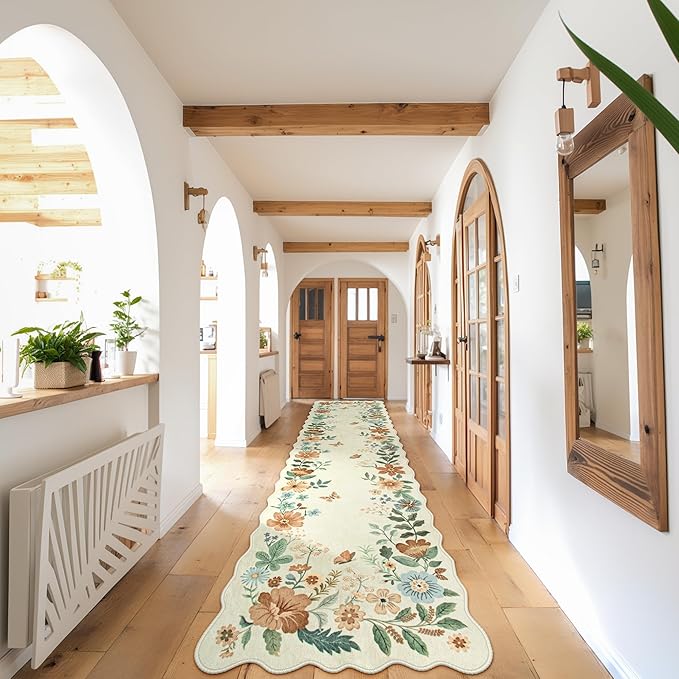 Lahome Floral Hallway Runner Rug Non Slip, 2'6''x10' Washable Runner Soft Ultra-Thin Soft Hallway Rug, Distressed Long Carpet for Entryway Bathroom Flore, Beige