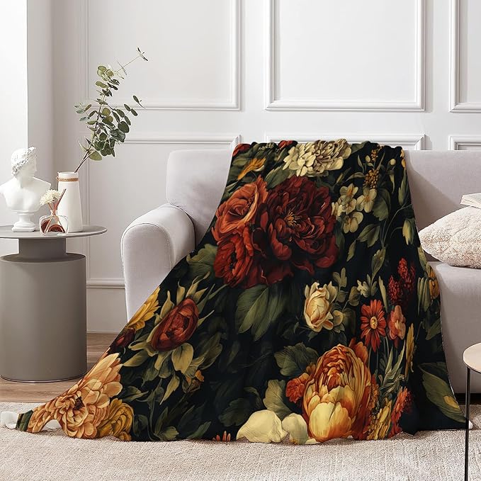 Black Floral Throw Blanket, Vintage Dark Flower Blanket for Bed Sofa Travel and Camping Flannel Blanket Gift, Super Soft Cozy Fluffy Plush Blanket for All Seasons, 50" x 60"