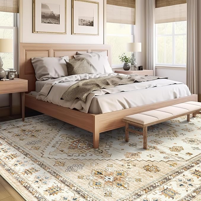 Washable Rugs 8x10, Ultra-Thin Non-Slip 8x10 Area Rugs for Living Room, Soft Vintage Large Area Rug, Foldable Farmhouse Bedroom, Dining Room Rug (Light Brown/Beige, 8'x10')