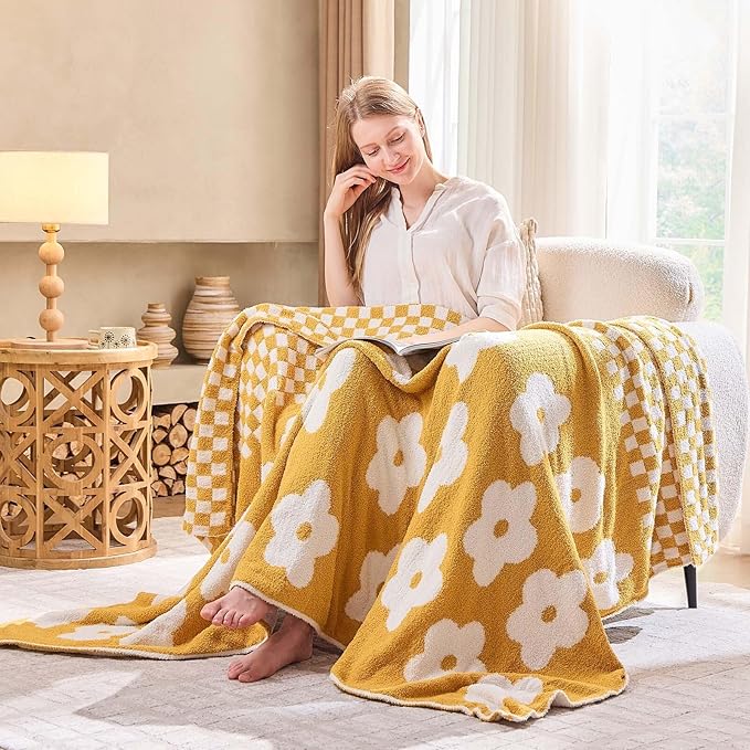 Checkered Throw Blanket, Yellow Flower Blanket for Couch, 60"x80" Soft Plaid Knit Blanket for Home Decor, Reversible Checkerered Blankets for Sofa, Chair, Bed