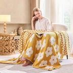 Checkered Throw Blanket, Yellow Flower Blanket for Couch, 50"x60" Soft Plaid Knit Blanket for Home Decor, Reversible Checkerered Blankets for Sofa, Chair, Bed