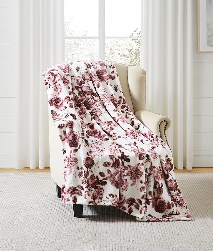 Home Decor Floral Fleece Throw Blankets: Soft Plush Liv Flower Garden Accent for Sofa Couch, Blush Pink Blue Purple Burgundy White