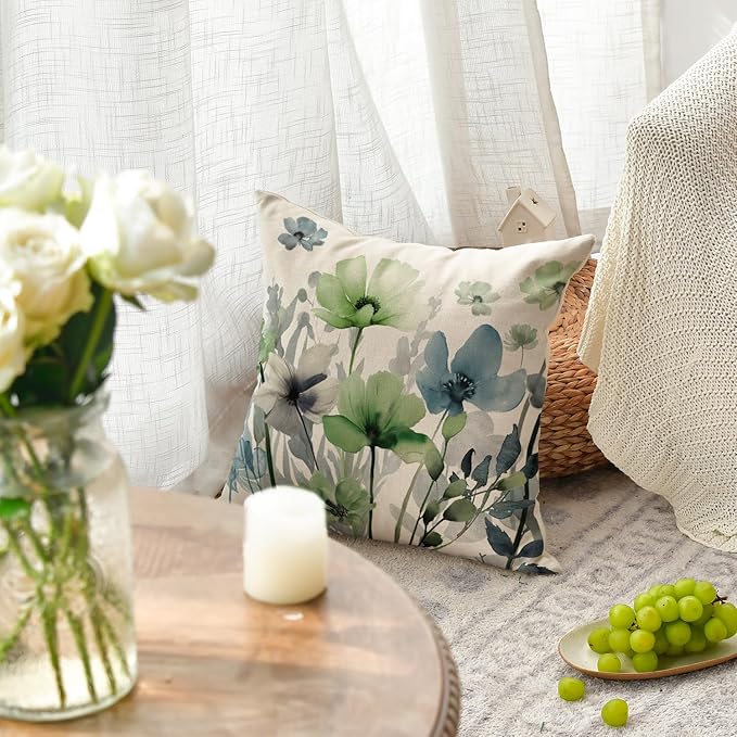 AVOIN colorlife Poppy Flowers Chinoiserie Throw Pillow Covers, 18 x 18 Inch Blue Sage Green Seasonal Leaves Cushion Case Decoration for Sofa Couch Set of 2