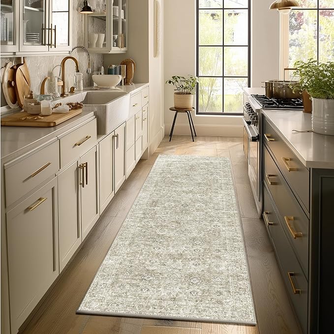 2'x6' Washable Runner Rug Utral Soft Lightweight Vintage Boho Distressed Non-Slip Backing,Low Pile Stain Resistant Farmhouse Rug for High-Traffic Hallway, Kitchen & Laundry