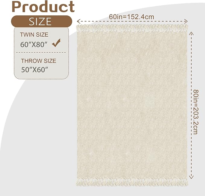 Chenille Throw Blanket for Couch with Tassels,60"X80" Soft Cozy Lightweight Knitted Boho Decorative Blankets for Bed and Sofa,Cream