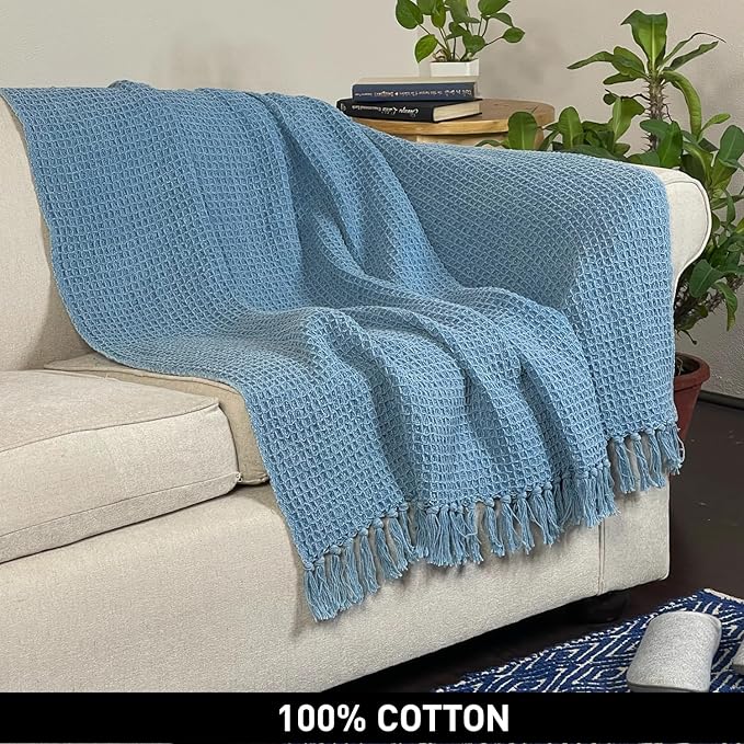 Chardin home Stonewash Blue Waffle Weave Throw, 50x60 Inch 100% Cotton- Large, Wearable, Breathable, Skin-Friendly & Cozy Everyday use Blanket for Couch, Bed, Sofa - Soft & Lightweight Picnic Rug