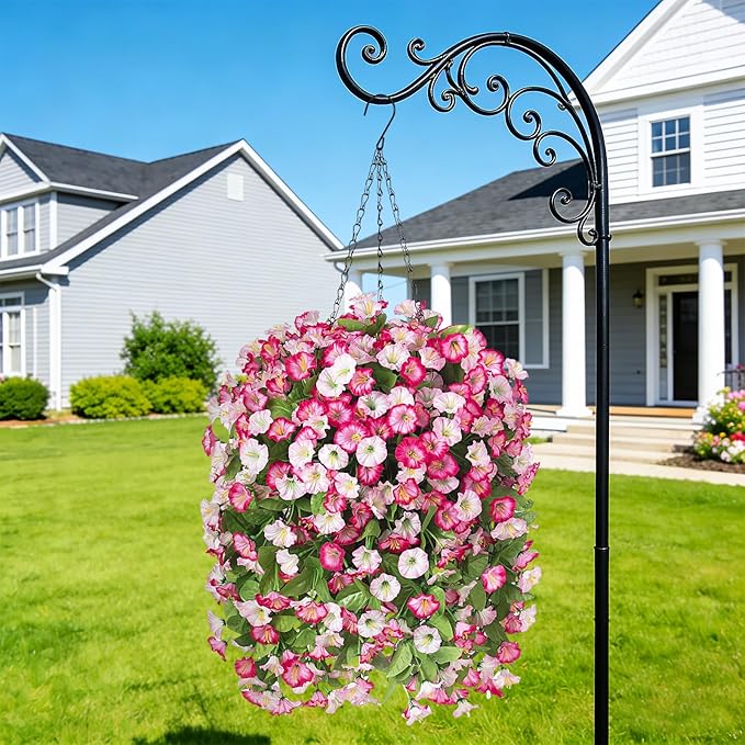 Artificial Flowers with Hanging Basket, Outdoor Faux Plants Silk Morning Glory Vines, Fake Green Arrangement for Garden Patio Spring Summer Decor (Pink)