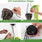 Solar Artificial Flowers Hanging Basket: UV-Resistant Fake Plants Hanging Basket with RGB String Lights for Outdoor Planters - 2 Pack Cone Faux Silk Fowers Basket for Porch Patio Home Garden Decor