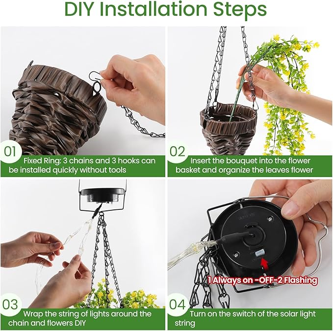Solar Artificial Flowers Hanging Basket: UV-Resistant Fake Plants Hanging Basket with RGB String Lights for Outdoor Planters - 2 Pack Cone Faux Silk Fowers Basket for Porch Patio Home Garden Decor