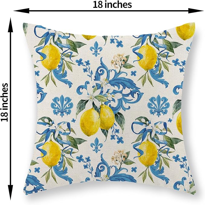 Summer Pillow Covers 18x18 Inch Set of 2 Blue Lemon Pillow Covers Seasonal Summer Outdoor Decorative Pillow Cases Linen Farmhouse Floral Cushion Covers Decor for Couch Living Room Bedroom