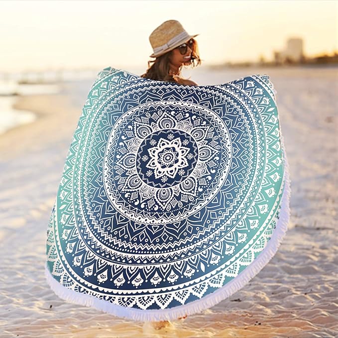 Microfiber Mandala Round Blue Beach Towel Blanket, Oversized Quick Dry Super Absorbent Thick Towel for Pool Swimming Picnic Yoga Mat Wall Decor Tapestry Circle Table Cloth, 59” Bohemian Towel