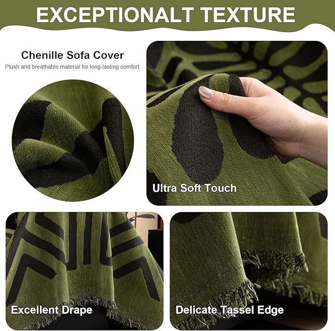 VClife Bohemian Green and Black Couch Cover Western Aztec Sofa Cover for 3 Cushion Couch Sofa Washable Chenille Sofa Slipcover Boho Non Slip Geometric Couch Covers for Sectional Sofa 71''x134''