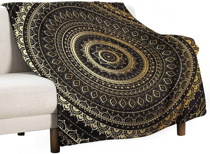 Black Gold Mandala Throw Blanket Boho Indian Hippie Vintage Abstract Bohemian Flower Blanket for Sofa Bed Couch Chair Or Dorm 60"x80"