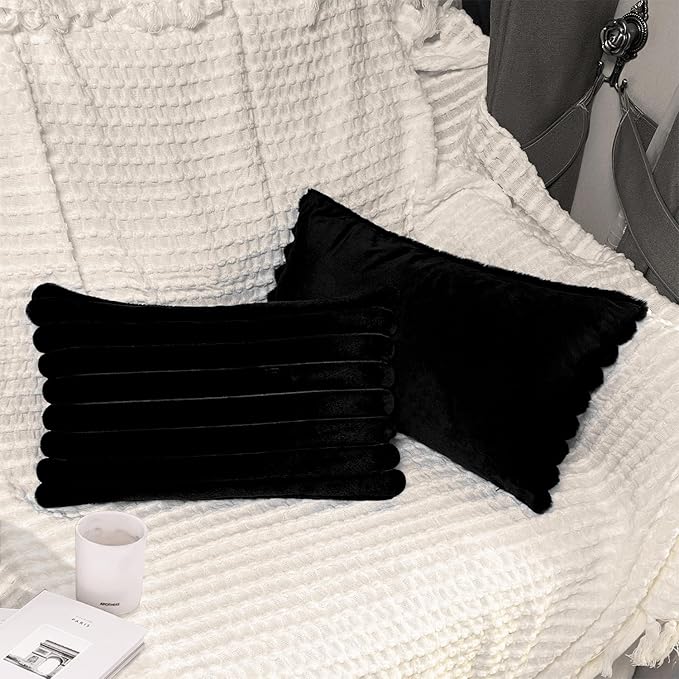 2 Pack 12x20 Pillow Cover Velvet Pillow Covers, Faux Fur Oblong Throw Pillow Covers for Living Room Decorations Throw Pillow Case, Throw Pillow Cover Cushion Cover for Home Sofa Bedroom Car, Black