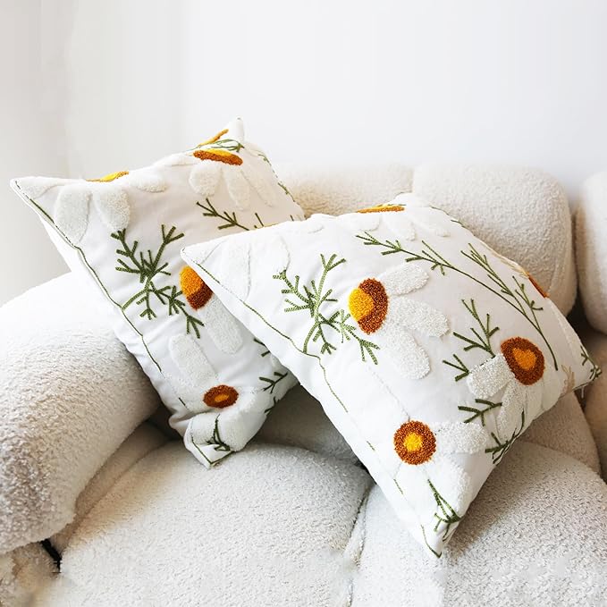 2PCS Embroidered Throw Pillow Cover 18x18 Inch Boho Beige Daisy Floral Pillow Covers for Couch Sofa Cotton Linen Bohemian Tufted Pillow Covers White Flowers Botanical Pillowcase Covers