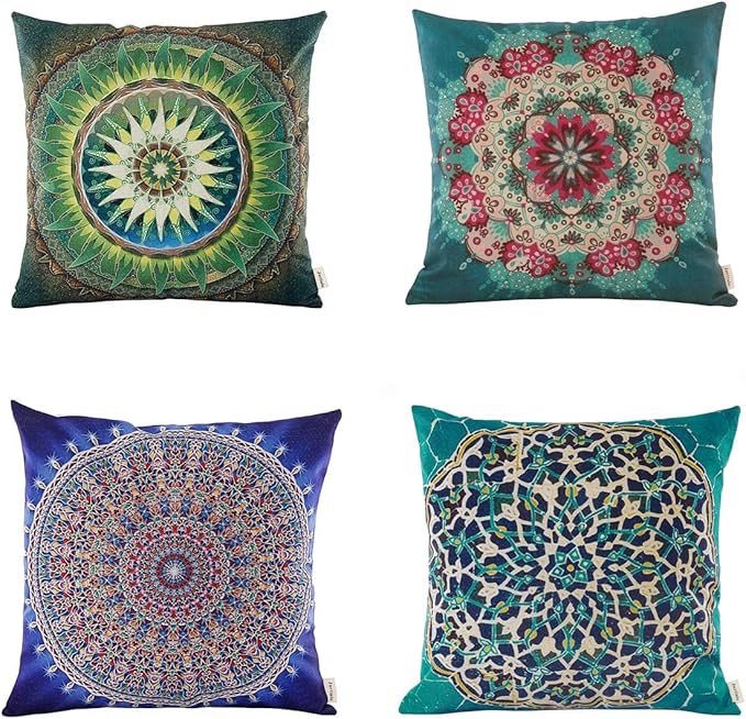 Jartinle Set of 4 Retro Floral Mandala Compass Medallion Bohemian Pillow Covers Boho Decor Hippie Throw Pillows Decorative for Sofa Couch 18 x 18