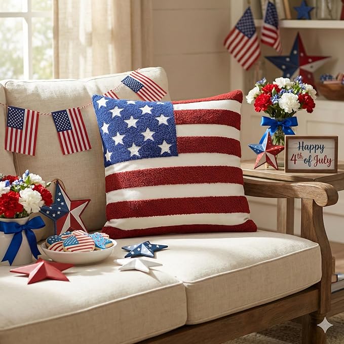 AVOIN colorlife 4th of July Patriotic Striped Star Flag Embroidered Throw Pillow Cover, 18 x 18 Inch Independence Day Decor Tufted Patterned Linen Cushion Case for Sofa Couch
